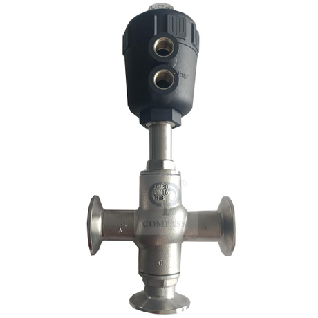 Válvula de sede de ângulo de braçadeira de controle pneumático de três vias de cabeça de plástico de aço inoxidável