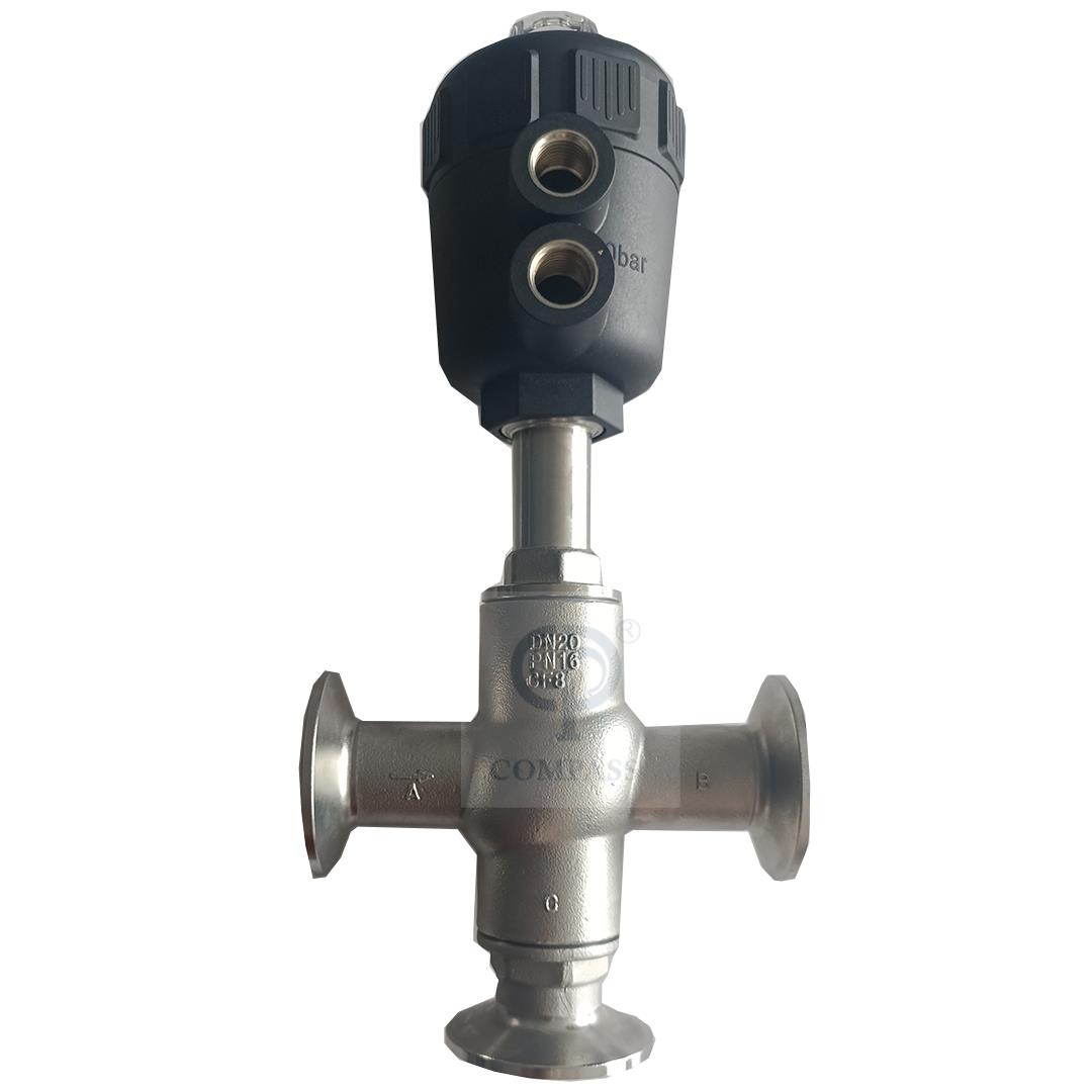 Válvula de sede de ângulo de braçadeira de controle pneumático de três vias de cabeça de plástico de aço inoxidável