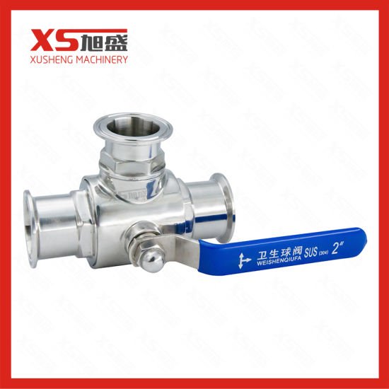 Válvulas de esfera de três vias com assento em PTFE higiênico de aço inoxidável com extremidades de fixação