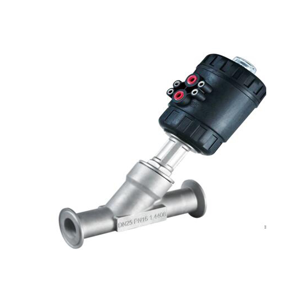 Válvula de sede angular pneumática sanitária de aço inoxidável com atuador de plástico